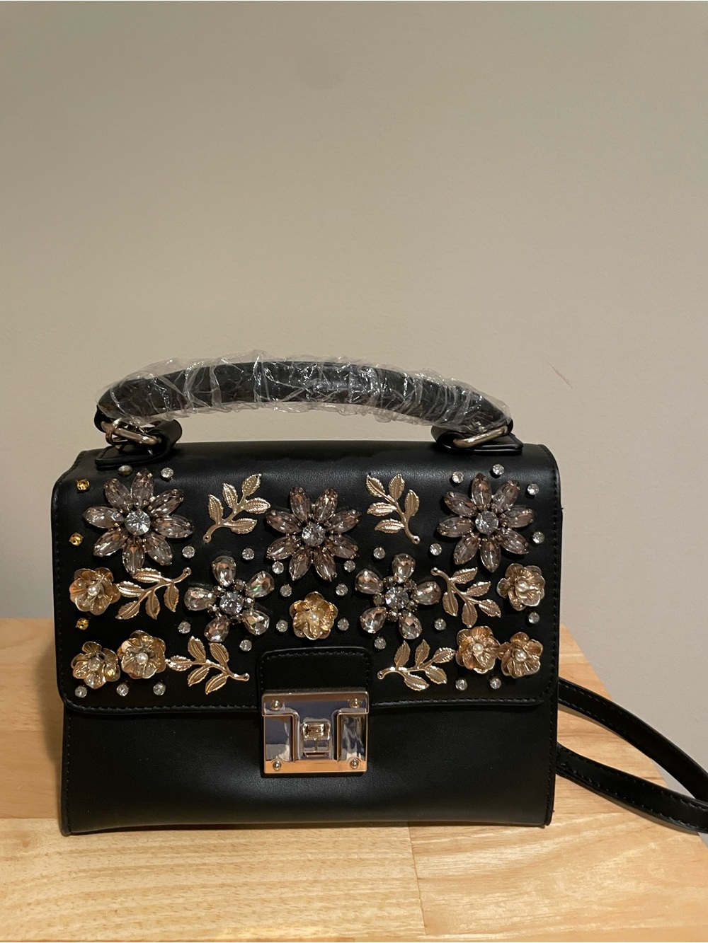 Aldo Black Floral Crystal Embellished Top-Handle Crossbody
